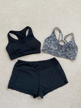 Athleta Black Sports Bra + Gray Floral Strappy Bra & Black Athletic Shorts Set